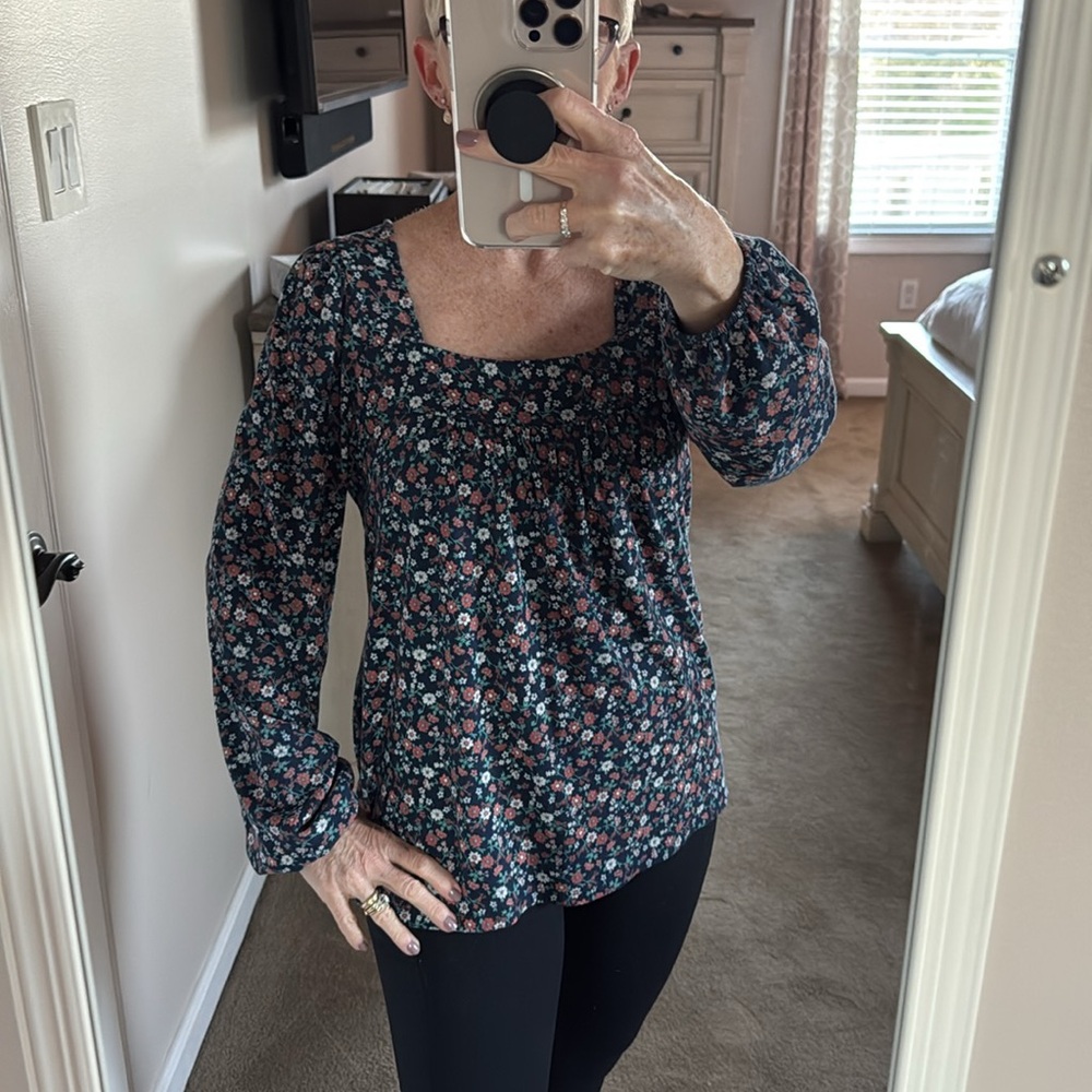 Lucky Brand Square Neck Floral Long Sleeve Peasant Top